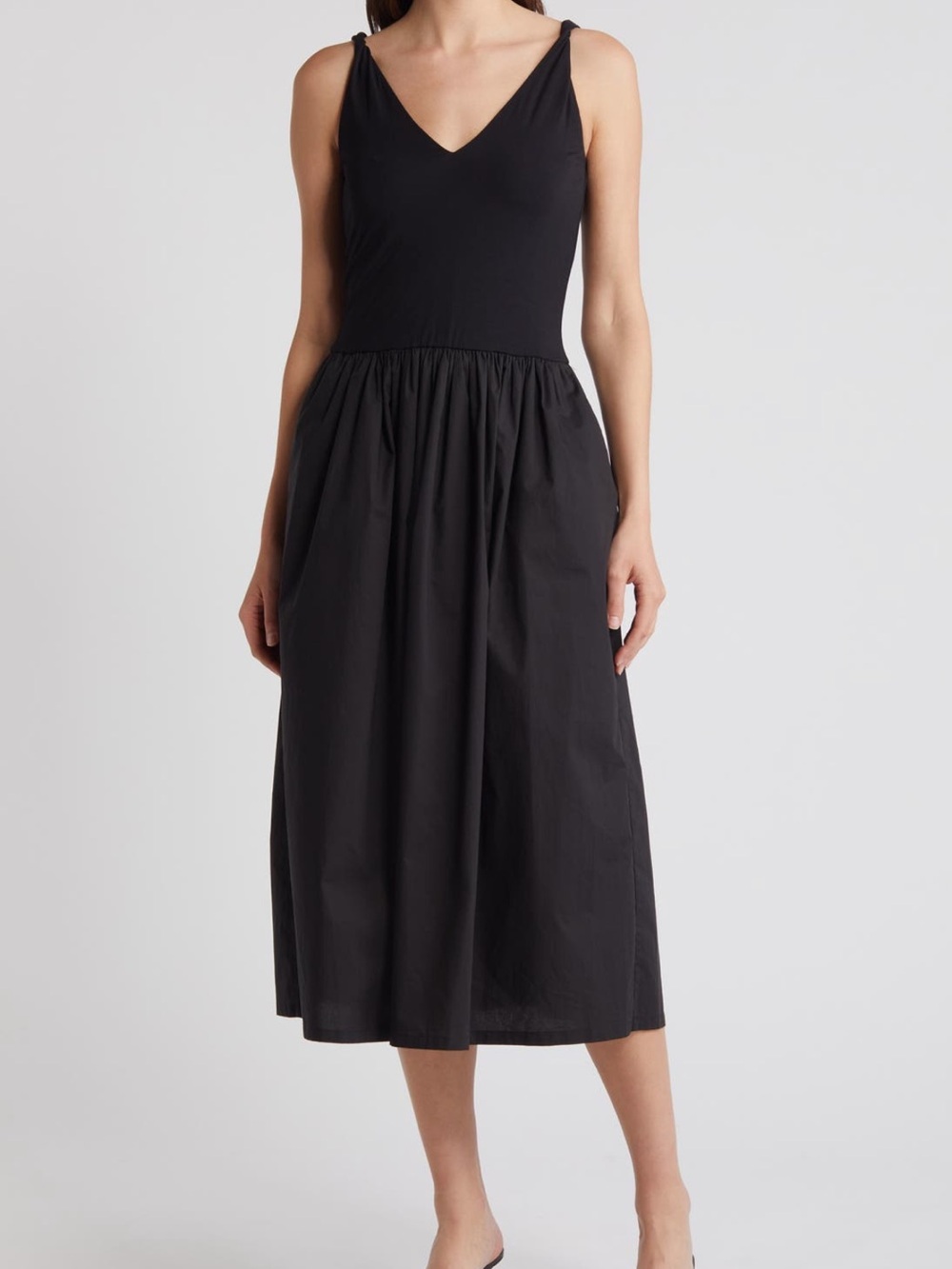 Rails Franca Mixed Media Black V-Neck Midi Dress